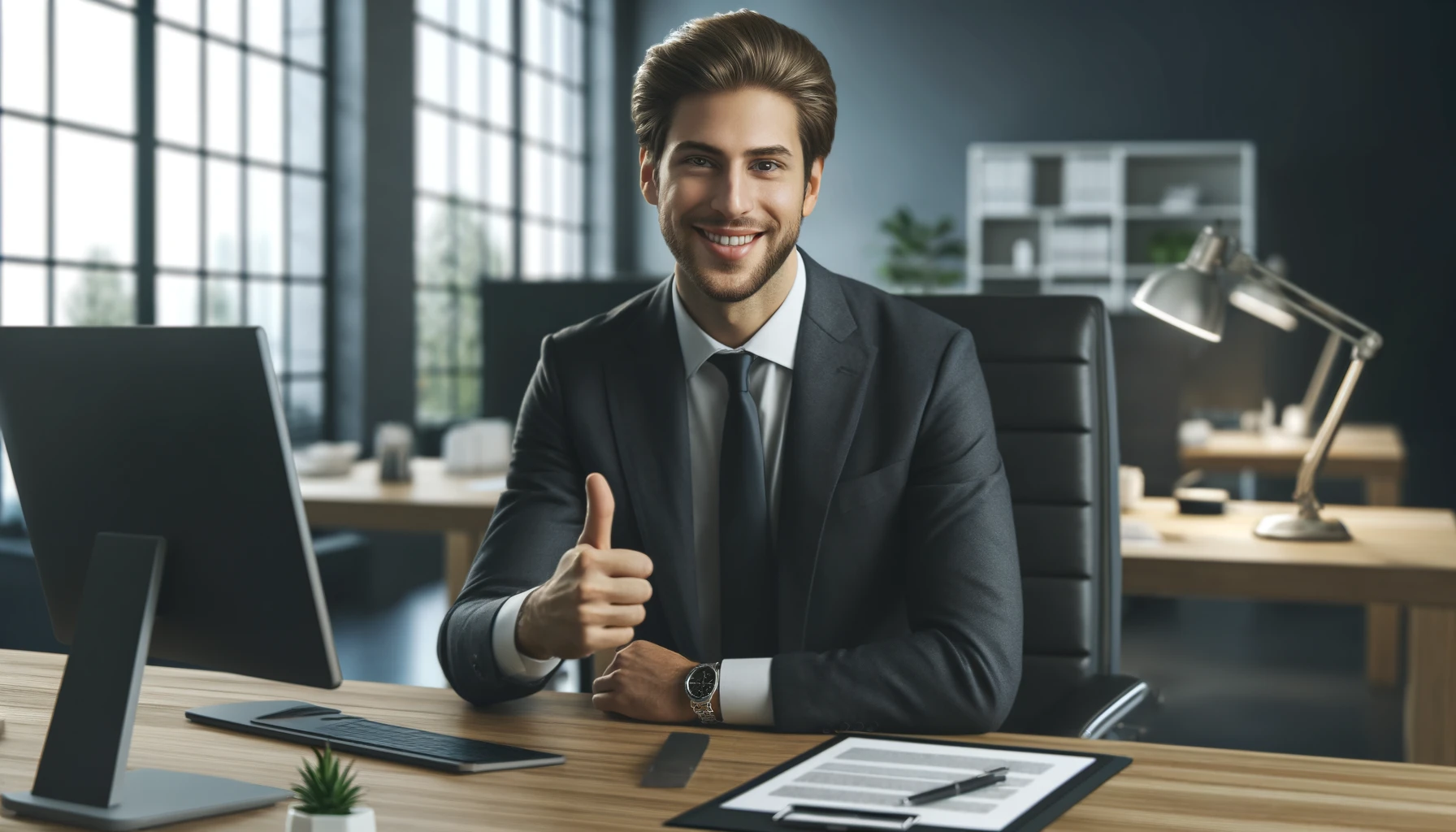 a smiling man in a business suit giving a thumbs-up gesture while sitting at his desk in a corporate office.