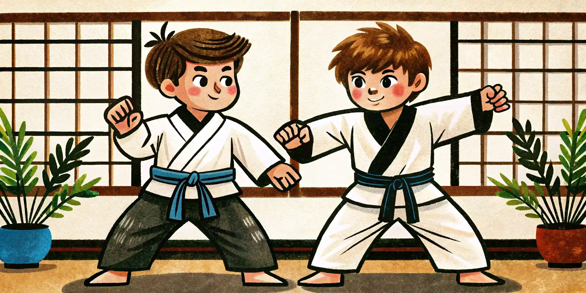two boys practice karate