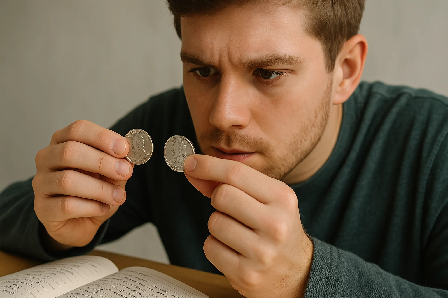 A collector compares two silver presidential dollar coins, one showing an edge lettering error, with an open notebook of handwritten notes on the table.