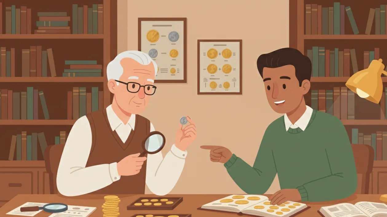 two men discuss collectable coins