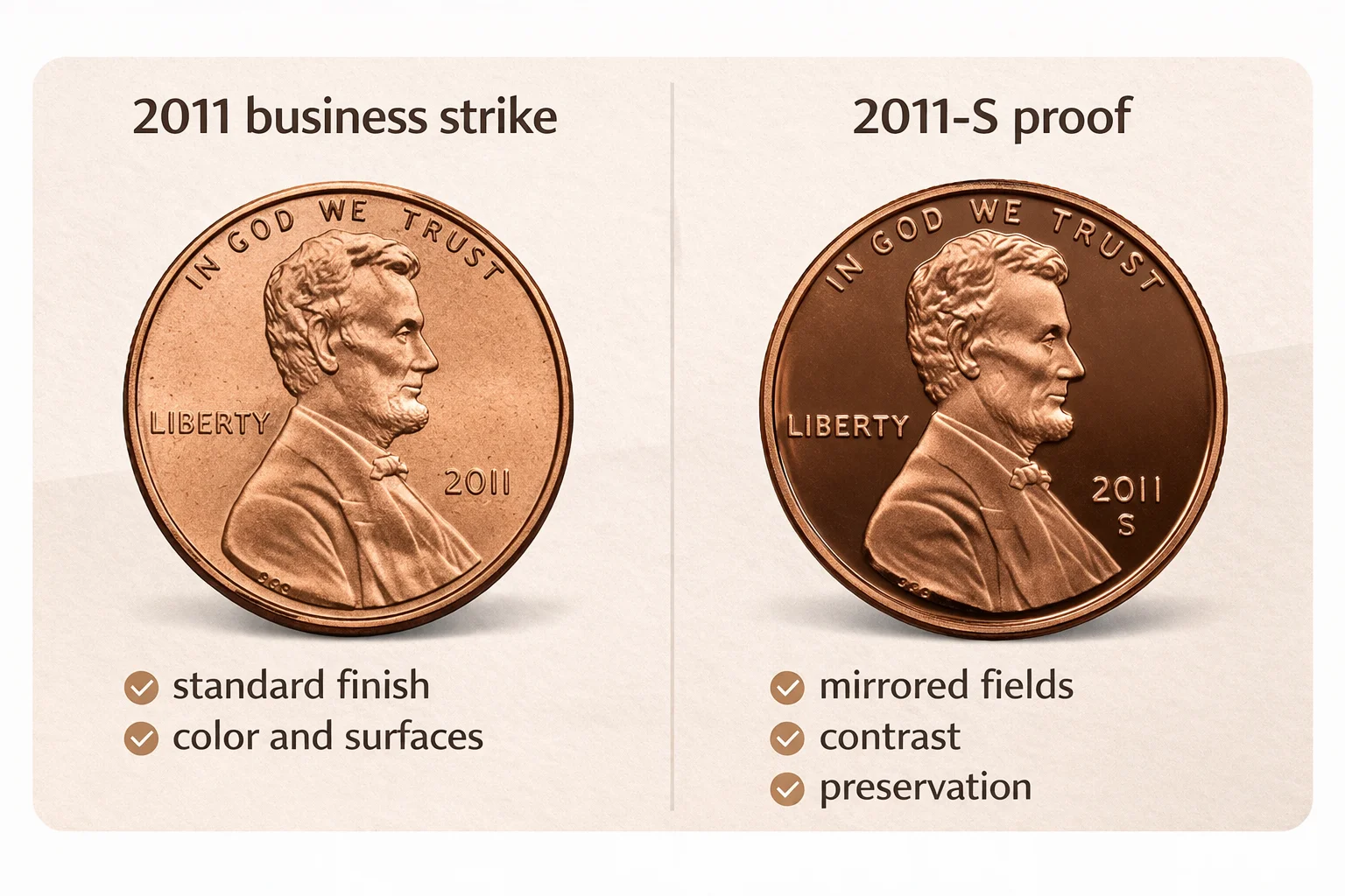 2011 Lincoln cent business strike vs 2011-S proof finish comparison infographic.